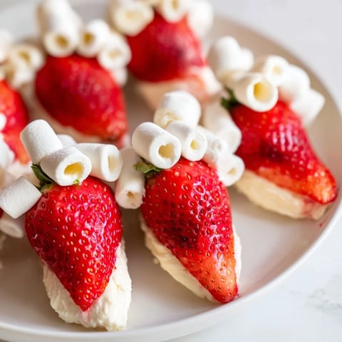 Vibrant photo of Air Fryer Santa Hat Strawberries: creamy cheesecake filling and fluffy marshmallow tops.