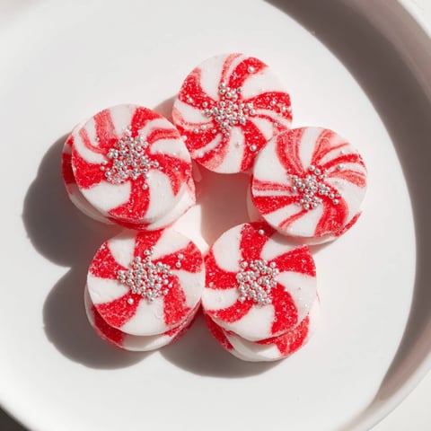 Warm, melted Express Peppermint Candy Bows with edible glitter; perfect sweet treat for holiday gifting.