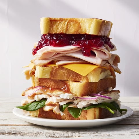 Golden, toasted Budget Christmas Sandwich on Brioche, layered with cranberry, stuffing, and cheese, ready to eat.