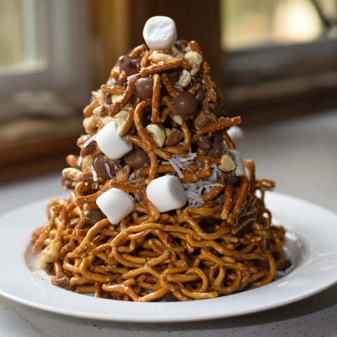 Golden-brown Haystack Candy Tower, stacked high, ready to share, with crunchy noodles and melted butterscotch.
