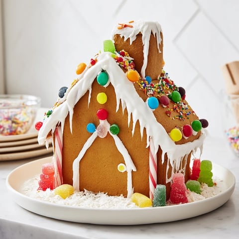 A beautifully decorated gingerbread house recipe, showcasing colorful candies and glistening royal icing.