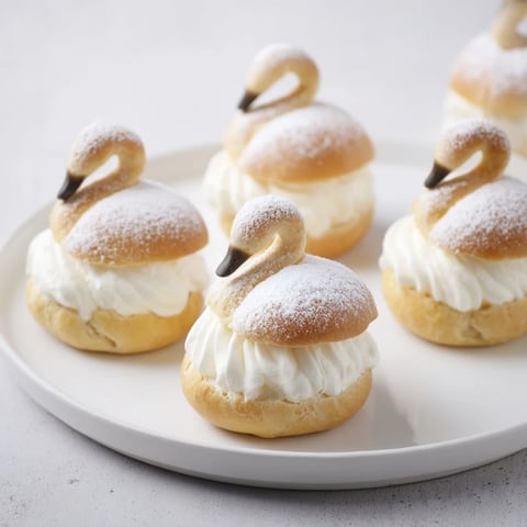 Elegant swan mini pastries arranged on a plate, dusted with powdered sugar and inviting you to indulge.