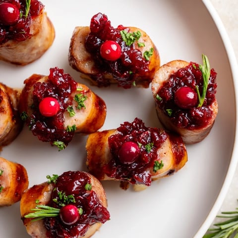 Golden brown Festive Holly Berry Sausage Bites topped with festive cranberry and fresh herb garnish, ready to serve.