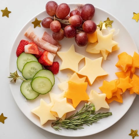 Vibrant Happy New Year 2026 Star Board, overflowing with star-shaped cheese and fruits for a festive appetizer.