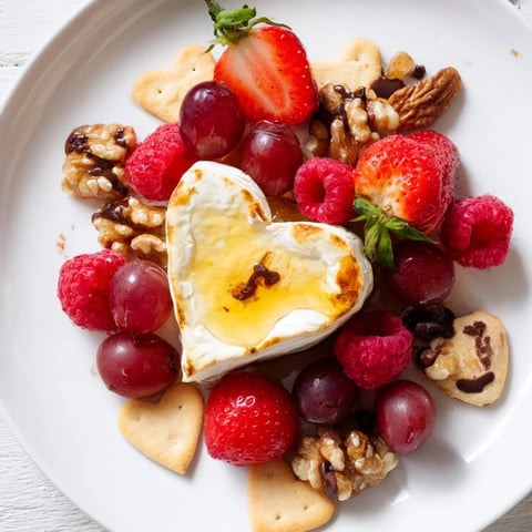 Sweetheart Brie and Jam Board with vibrant fruits and creamy Brie, ideal romantic snack.