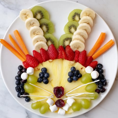 Vibrant Bunny Face Fruit Salad Platter, featuring juicy strawberries and colorful fruit, ready to serve for Easter brunch fun.