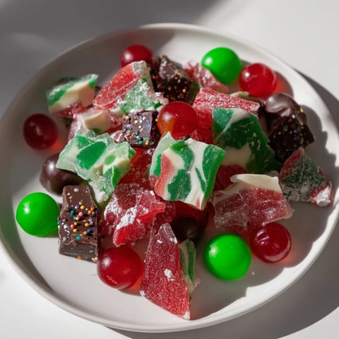 A vibrant Jingle Bell Rock Candy Display features colorful candies and chocolates perfect for the holidays.
