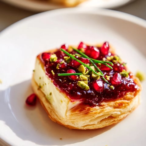 Golden, flaky Fireworks Brie Tartlets, with melted Brie, vibrant preserves, and fresh herb garnish.