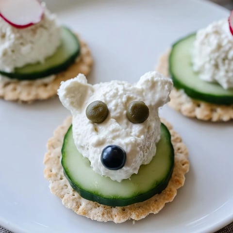 Creamy Polar Bear Iceberg Cracker Stacks featuring crisp cucumbers and olives create whimsical appetizer magic.