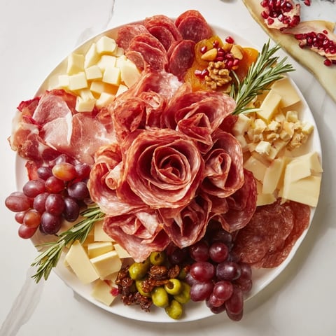 Stunning display of Charcuterie: a holiday meat rose bouquet with vibrant fruits for guests.