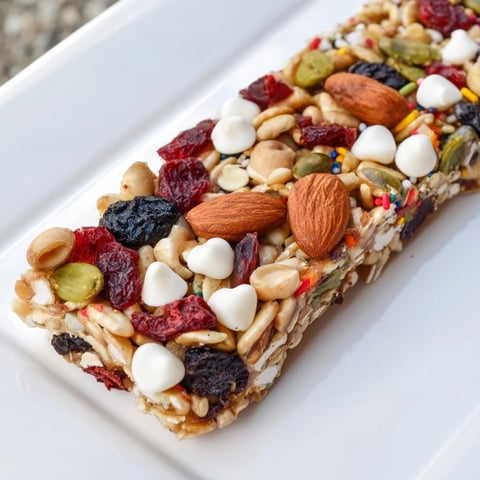 Winter Wonderland Trail Mix Bars, a festive snack bar boasting vibrant dried fruits and nuts.