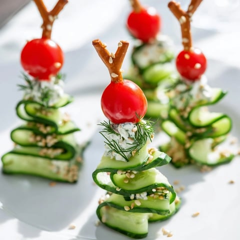 Spiral Cucumber Ribbon Christmas Trees arranged on a platter, showcasing the fresh, green cucumber and festive toppings.