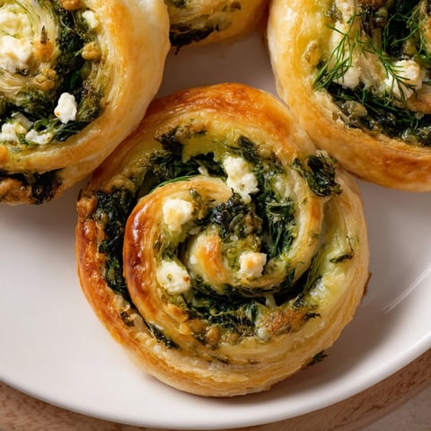 Golden, flaky Savory Spinach Feta Pinwheel Spirals, smelling savory and warm from the oven for a satisfying snack.