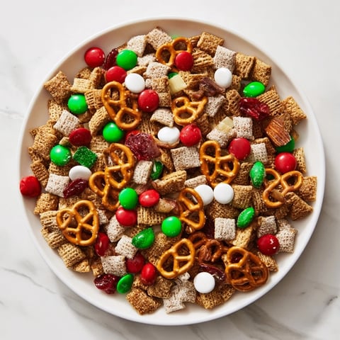 Holiday Mix in a festive red and green bowl, offering crunchy textures and sweet flavors.