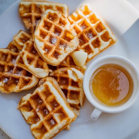 Golden-brown waffle quarters, perfect for dipping, accompanied by a maple syrup bowl.
