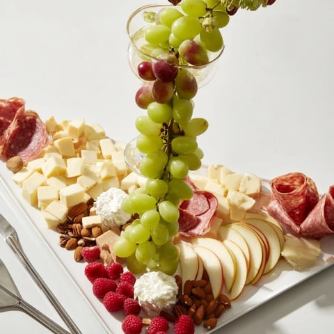 The Champagne Waterfall Board showcases cascading grapes, cheeses, and fruits for a celebratory appetizer.