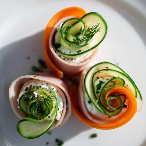 Freshly made Ribbon Dancer appetizer: colorful carrot and cucumber ribbons hug savory turkey rolls.