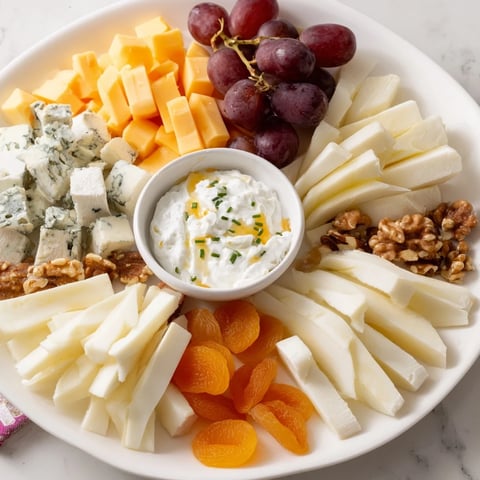 A stunning Celtic Cross Cheese Platter with four cheese sections around a central dip, ready to enjoy.