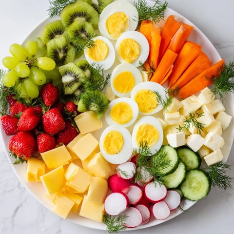 Easter Egg-cellent Brunch Board features colorful eggs with fresh fruits and cheeses, perfect for a springtime feast.