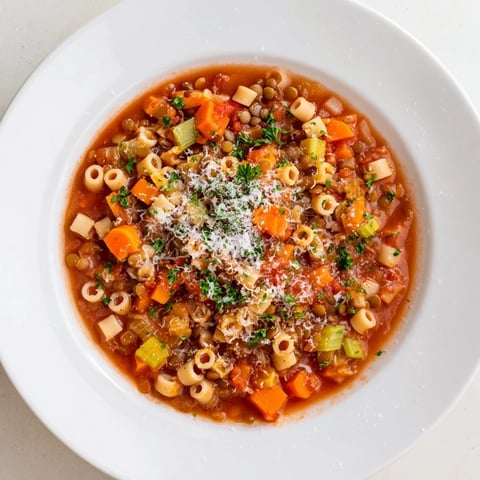 Steaming bowl of Ditalini and Lentil Soup, offering a hearty, comforting, vegetarian meal.