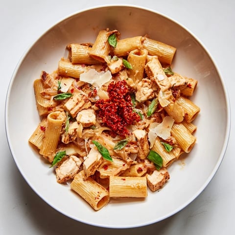 Creamy Spicy Vodka Chicken Pasta, topped with fresh basil and extra Parmesan!