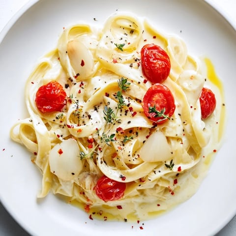 A bubbly Baked Brie Pasta Sauce, clinging to fettuccine and studded with bright red cherry tomatoes.