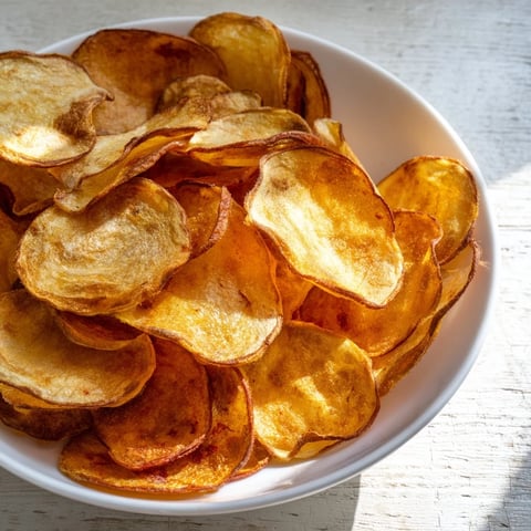 Golden, crispy Homemade Air-Fryer Potato Chips, perfectly seasoned and ready for snacking, air-fried to perfection.