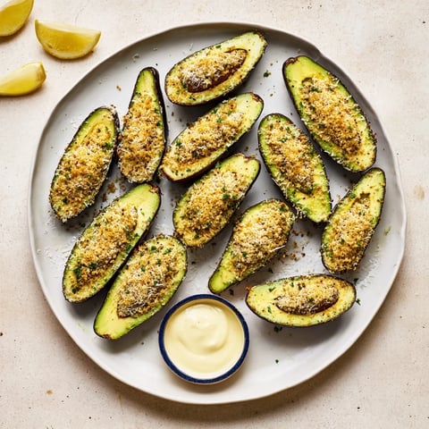 Golden-brown crispy baked avocado fries ready to be dipped and enjoyed as a delicious appetizer.