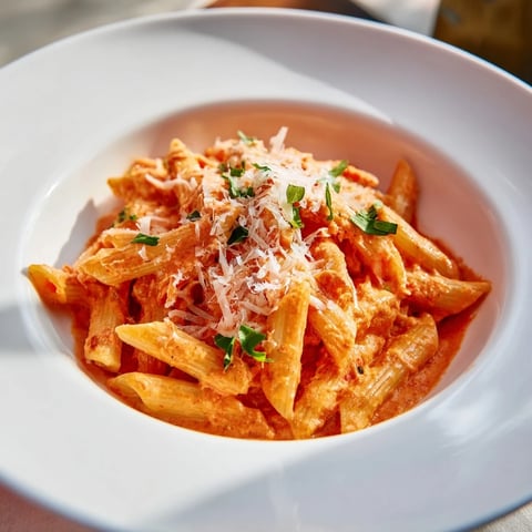 Steaming Basil Garlic One-Pot Creamy Tomato Pasta, swirled with parmesan and fresh basil, ready to eat.