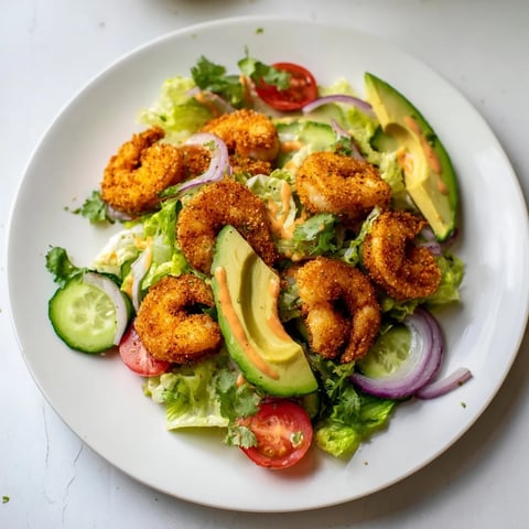 Golden-brown, crispy Spicy Crispy Shrimp Salad with avocado, tomatoes, and zesty sriracha dressing.