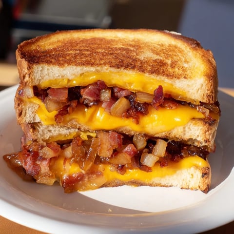 Golden, melty Bacon Jam Grilled Cheese oozing with cheese, ready to enjoy as a meal.
