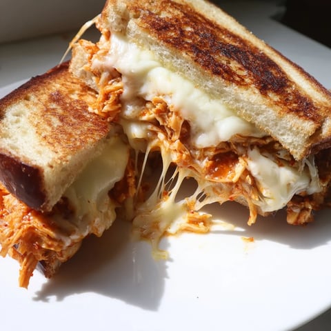 Golden, melted cheese oozes from this chili crisp honey chicken grilled cheese sandwich.