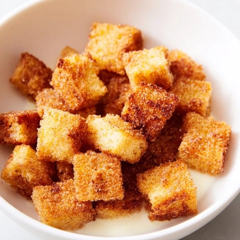 Golden, crispy French Toast Cereal in a bowl, perfect for a quick and satisfying breakfast with milk.