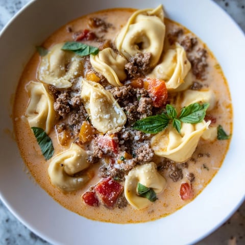 A steaming bowl of Tortellini Beef Soup, garnished with Parmesan and fresh basil, inviting.
