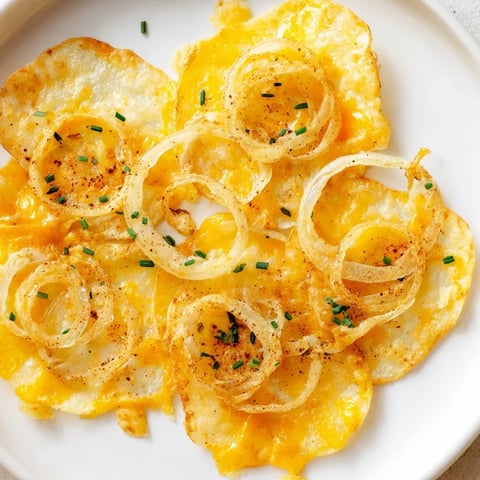 Golden, crispy onion cheese chips piled ready to eat; imagine the savory aroma and crunch.