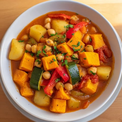 A steaming bowl of Hearty Vegan Sweet Potato Stew, full of vibrant vegetables and savory broth.