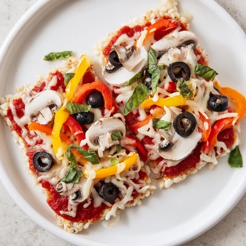 Warm and bubbly rice cake pizza squares, topped with melted cheese and fresh basil, ready to eat.