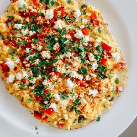 A vibrant Turkish Menemen Eggs Pizza with a bubbling, cheesy topping, ready to eat.