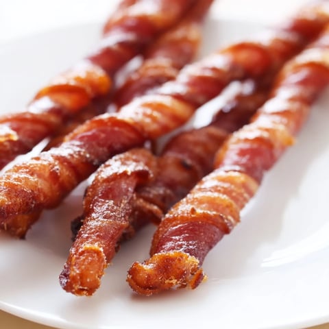 Crispy, caramelized Spiced Bacon Twists glistening on a wire rack, ready as a savory snack or appetizer.