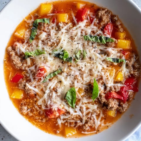 Steaming bowl of Pizza Soup with melted mozzarella, ready for dipping bread.