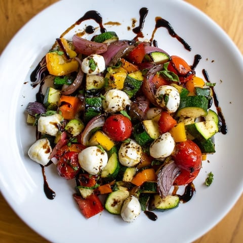 Vibrant Roasted Veggie Caprese Salad: caramelized vegetables, creamy mozzarella, and balsamic drizzle.
