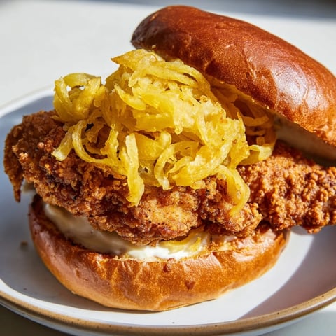 A close-up shot of a golden-brown Crispy Onion Chicken Sandwich, ready to eat with a creamy aioli drizzle.