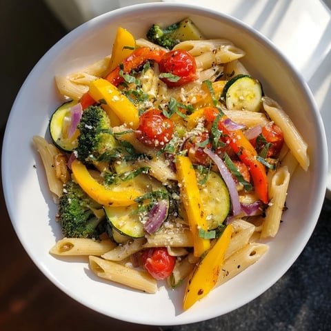 Pasta Primavera with roasted vegetables, a colorful, hearty, and fresh Italian pasta dish.