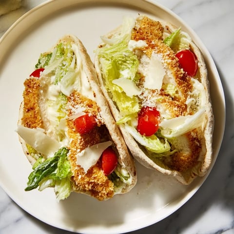 Golden air-fried chicken strips tucked inside soft pita pockets filled with fresh Caesar salad.