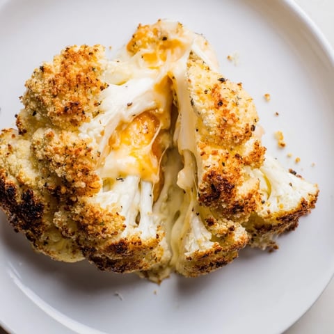 A whole roasted Cheesy Stuffed Cauliflower Head, golden-brown and bubbling, served as a vegetarian main dish with fresh herbs on the side.  