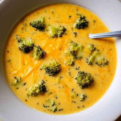 Golden roasted broccoli florets and grated cheddar melt into a creamy bowl of Roasted Broccoli Cheddar Soup, ready to serve.