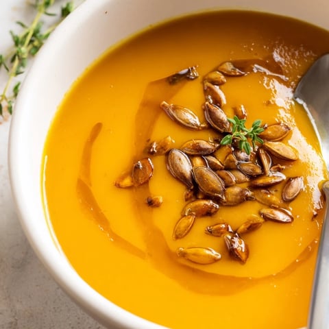 Creamy butternut squash soup in a rustic white bowl garnished with toasted pumpkin seeds.