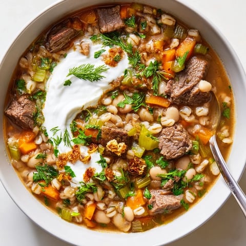 A warm bowl of Beef Barley Soup garnished with mint-fried onions and a swirl of sour cream.  