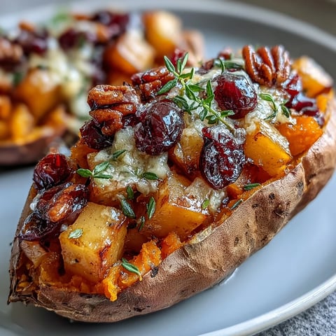 Cranberry Apple Twice Baked Sweet Potatoes garnished with fresh thyme on a rustic plate, steaming warmly.
