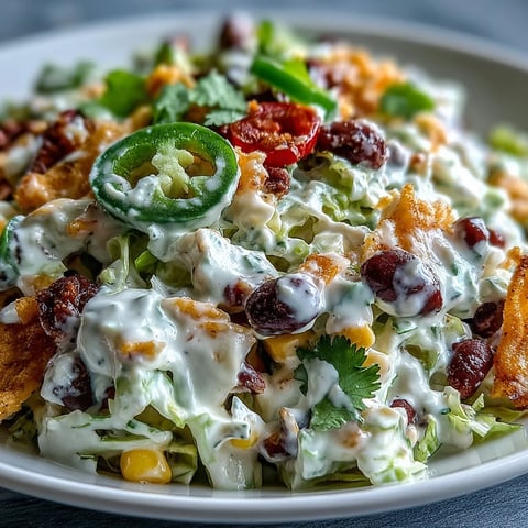 A vibrant bowl of Frito Cowboy Cabbage salad, featuring colorful coleslaw, black beans, corn, and Chili Cheese Fritos tossed in a smoky chipotle dressing.